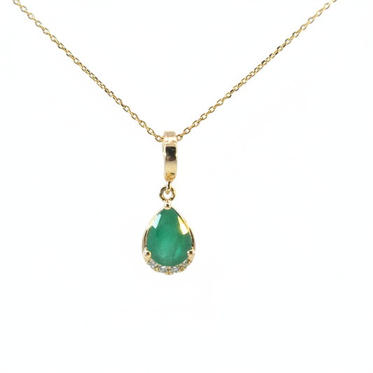 CMA00343EM. 14K Solid Gold Drop-Shaped Emerald and Diamond Charm