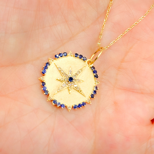 GDP558. 14K Solid Gold Diamond Circle Shape Charm with Star in the Center in Gemstones