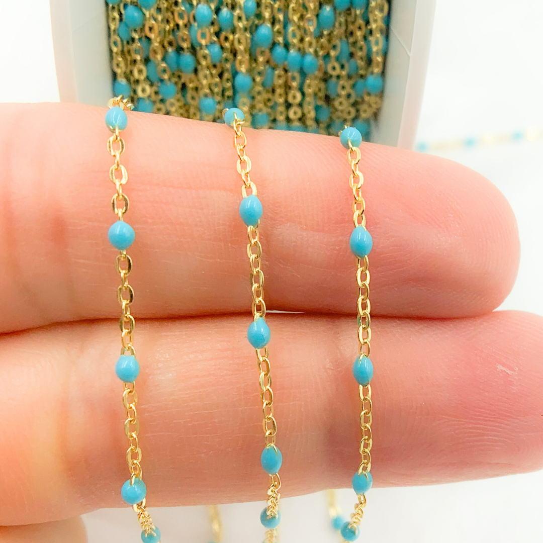 14K Solid Yellow Gold Enamel Turquoise Color Cable Chain.  30KFBTF14Y
