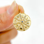 Load image into Gallery viewer, 14K Solid Gold Diamonds and Gemstone Circle Charm with Symbols and Evil Eye. GDP554