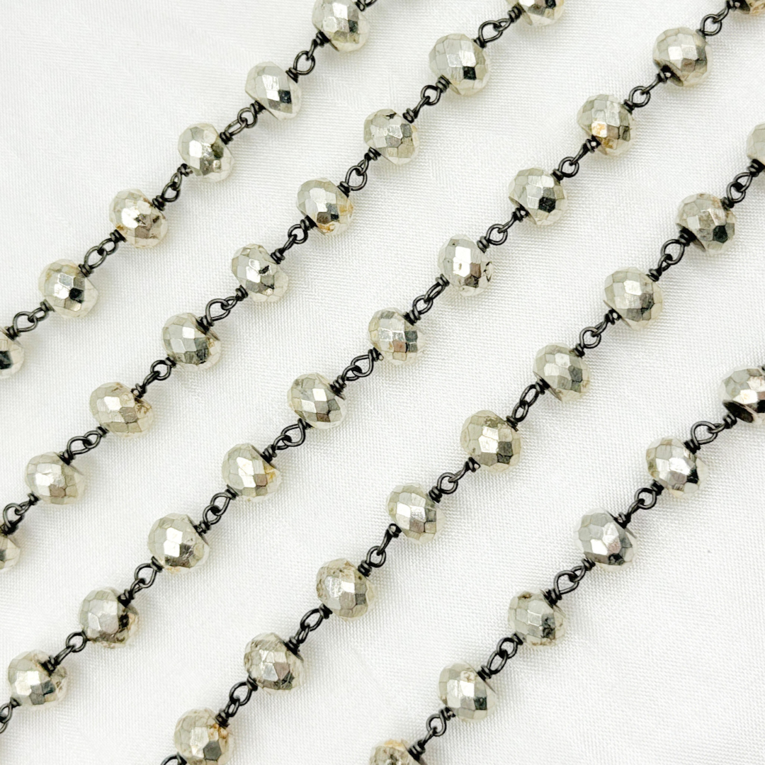Steel Pyrite Faceted Rondel Oxidized 925 Sterling Silver Wire Chain.  PYR69
