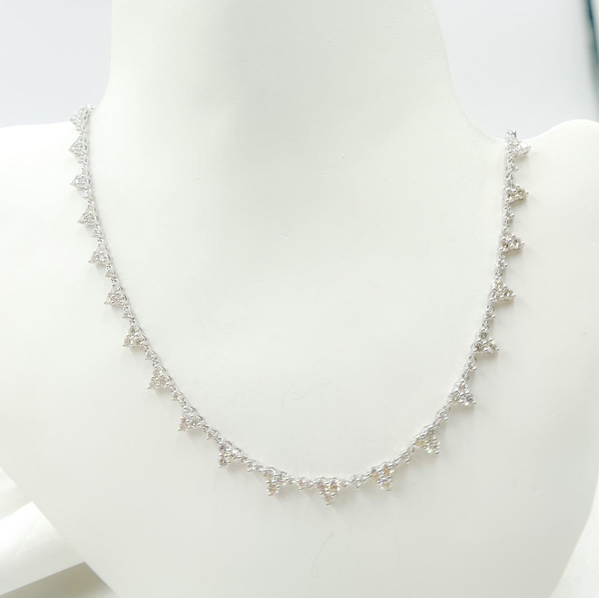 NFU70718. 14K Solid White Gold Diamond Triangles Necklace