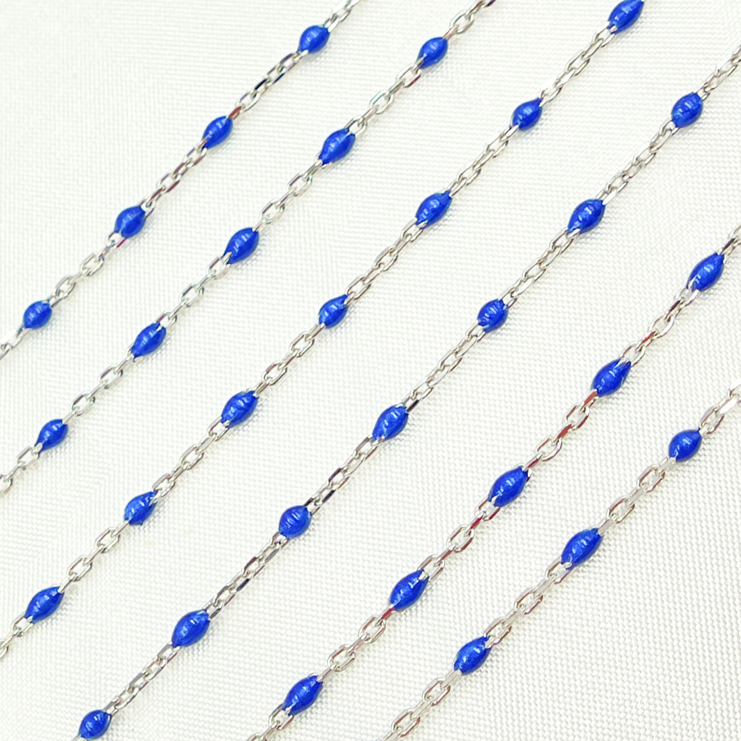 925 Sterling White Silver Enamel Blue Color Cable Chain. V203BLSS