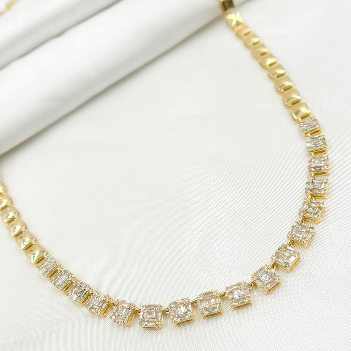 NFP71428. 14K Solid Gold Diamond Baguette Squares Necklace