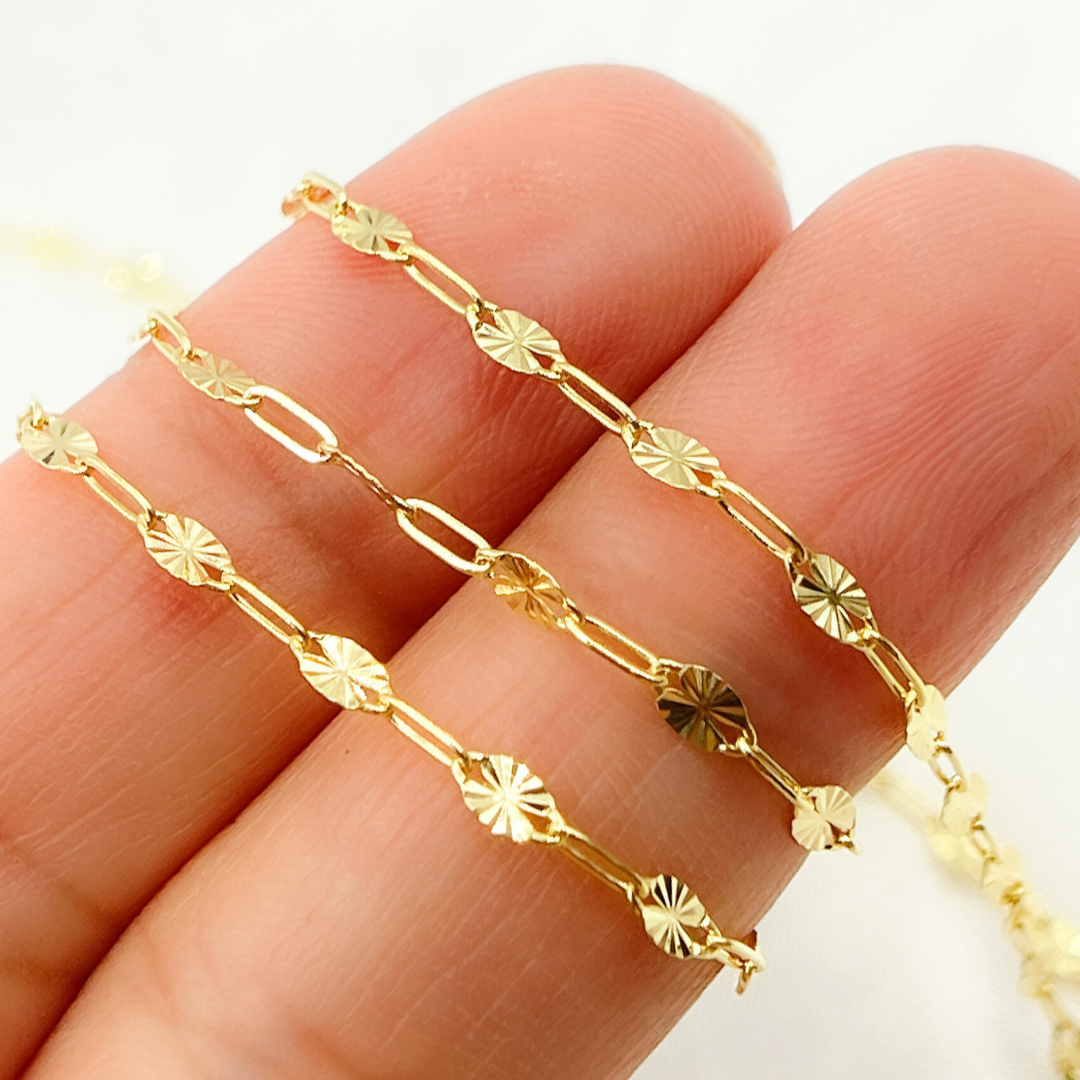 14K Solid Yellow Gold Oval Flat Link Diamond Cut Marina Link Chain