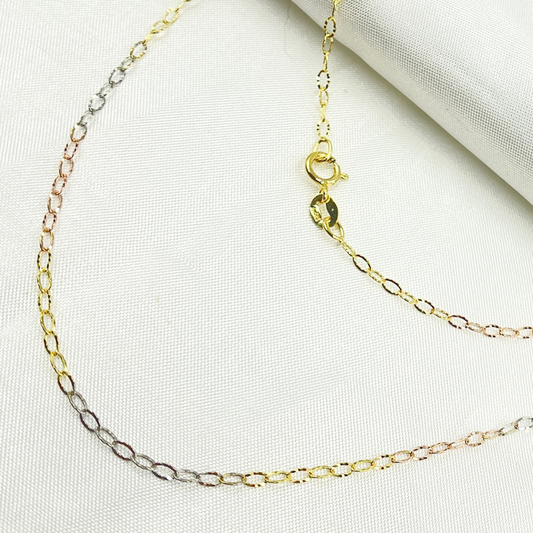 14k Solid Tri-Color Gold Diamond Cut Cable Link Chain