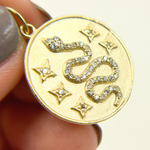 Load image into Gallery viewer, 14K Solid Gold Diamond Circle Charm with Snake and Stars in the Center. GDP163