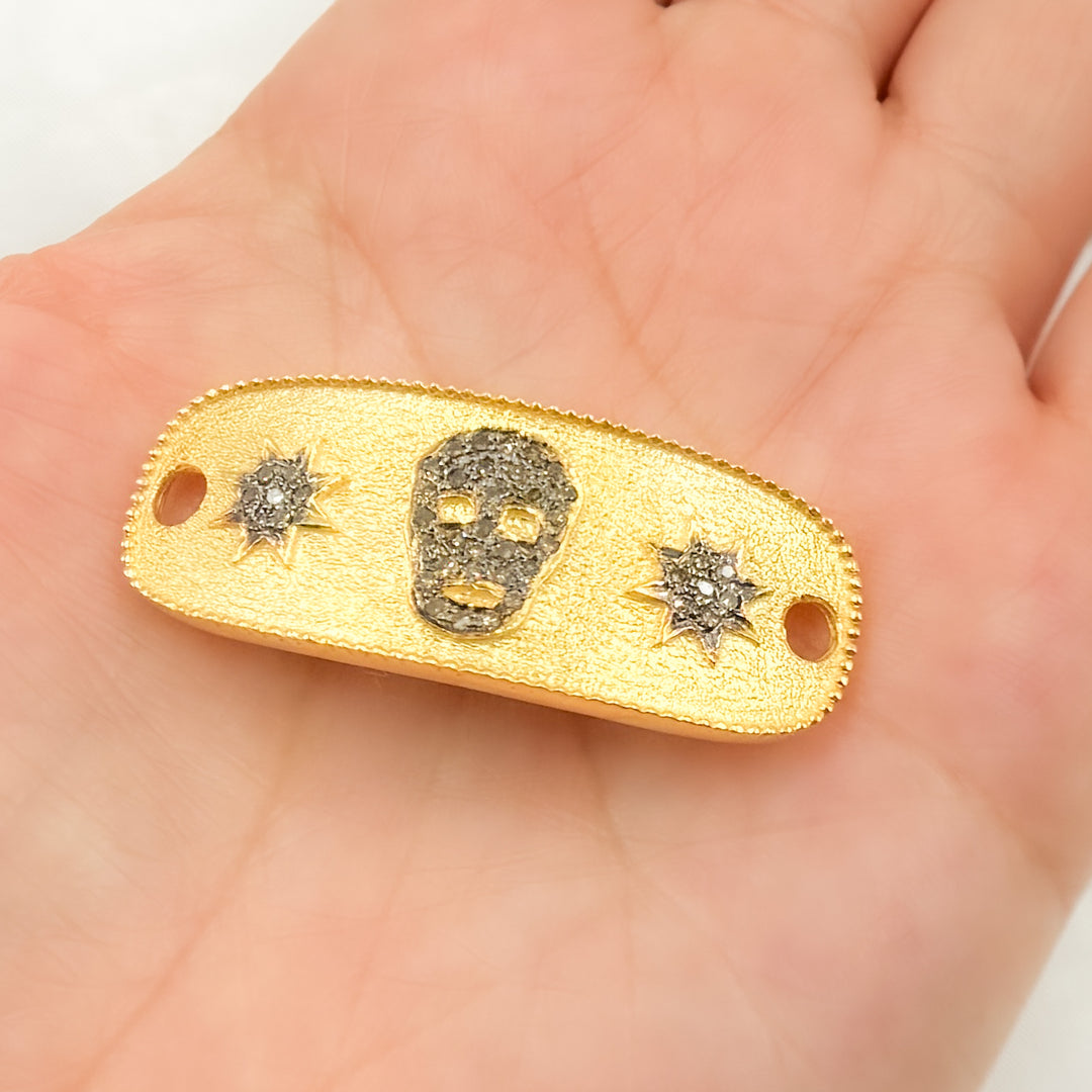 Pave Diamond & 925 Sterling Silver Black Rhodium, Two-Tone (Black Rhodium and Gold Plated), Gold Plated, and Rose Gold Plated Long Oval Skull and Star Connector. DC970