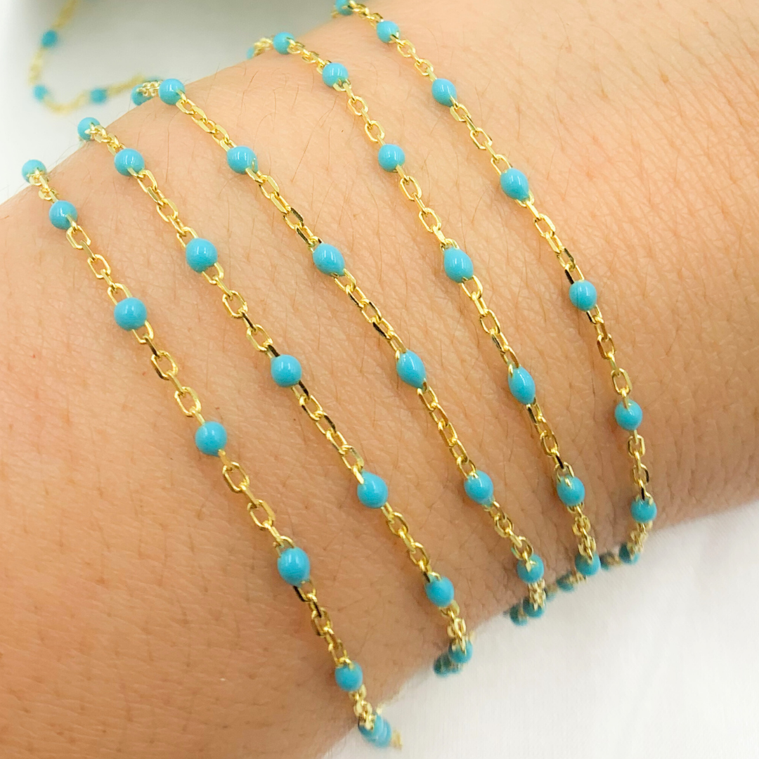 925 Sterling Silver Gold Plated Enamel Turquoise Color Cable Chain. V203TURGP