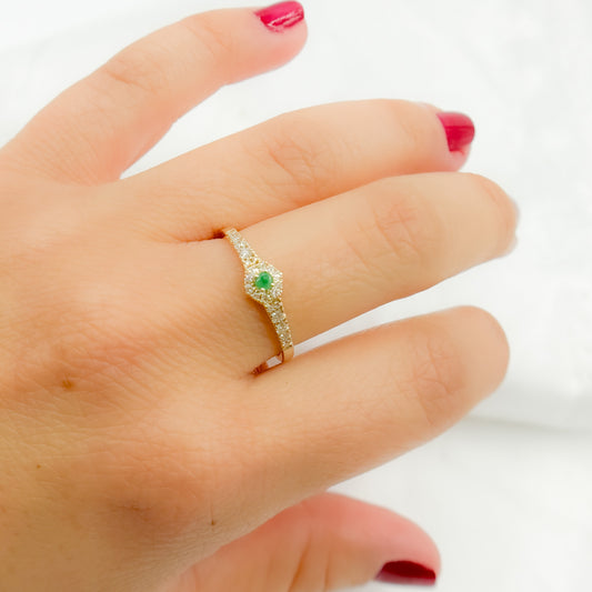 14K Solid Yellow Gold Diamond and Emerald Hexagon Ring.