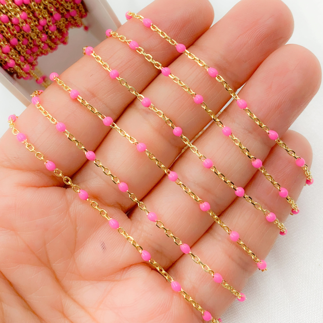 Shop Now Gold Plated Sterling Silver Enamel Pink Color Cable Chain