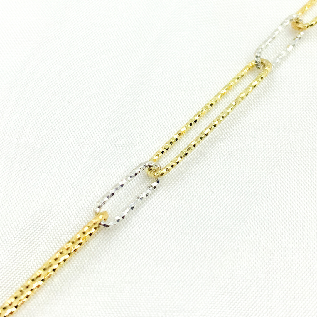 925 Sterling Silver Paperclip Diamond Cut Long Gold Plated Link & Short Silver Link Chain. V4GS1