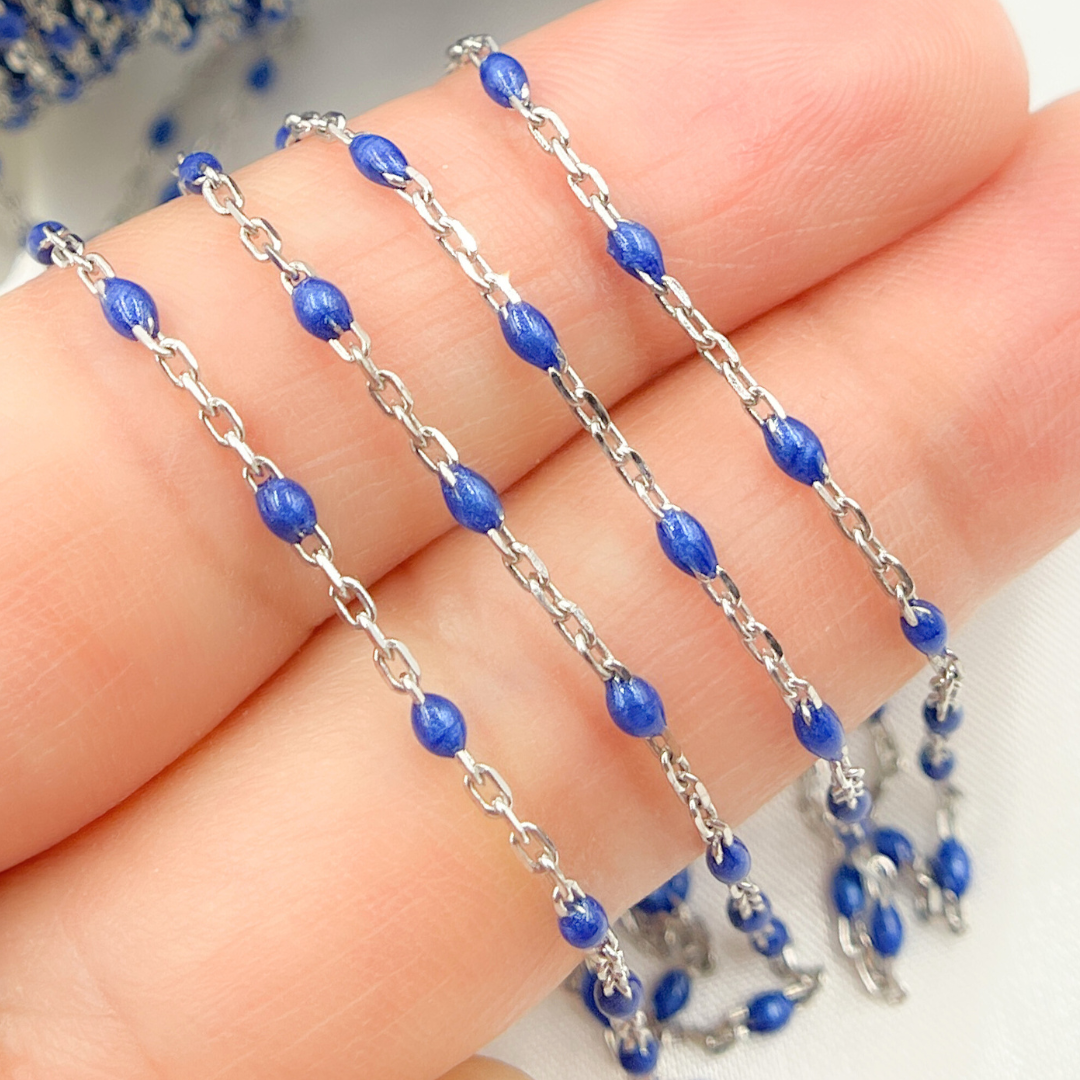 925 Sterling White Silver Enamel Blue Color Cable Chain. V203BLSS