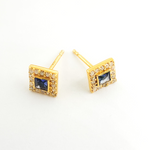 Load image into Gallery viewer, GDT14. 14K Gold, Diamonds and Blue Sapphire Square Earrings