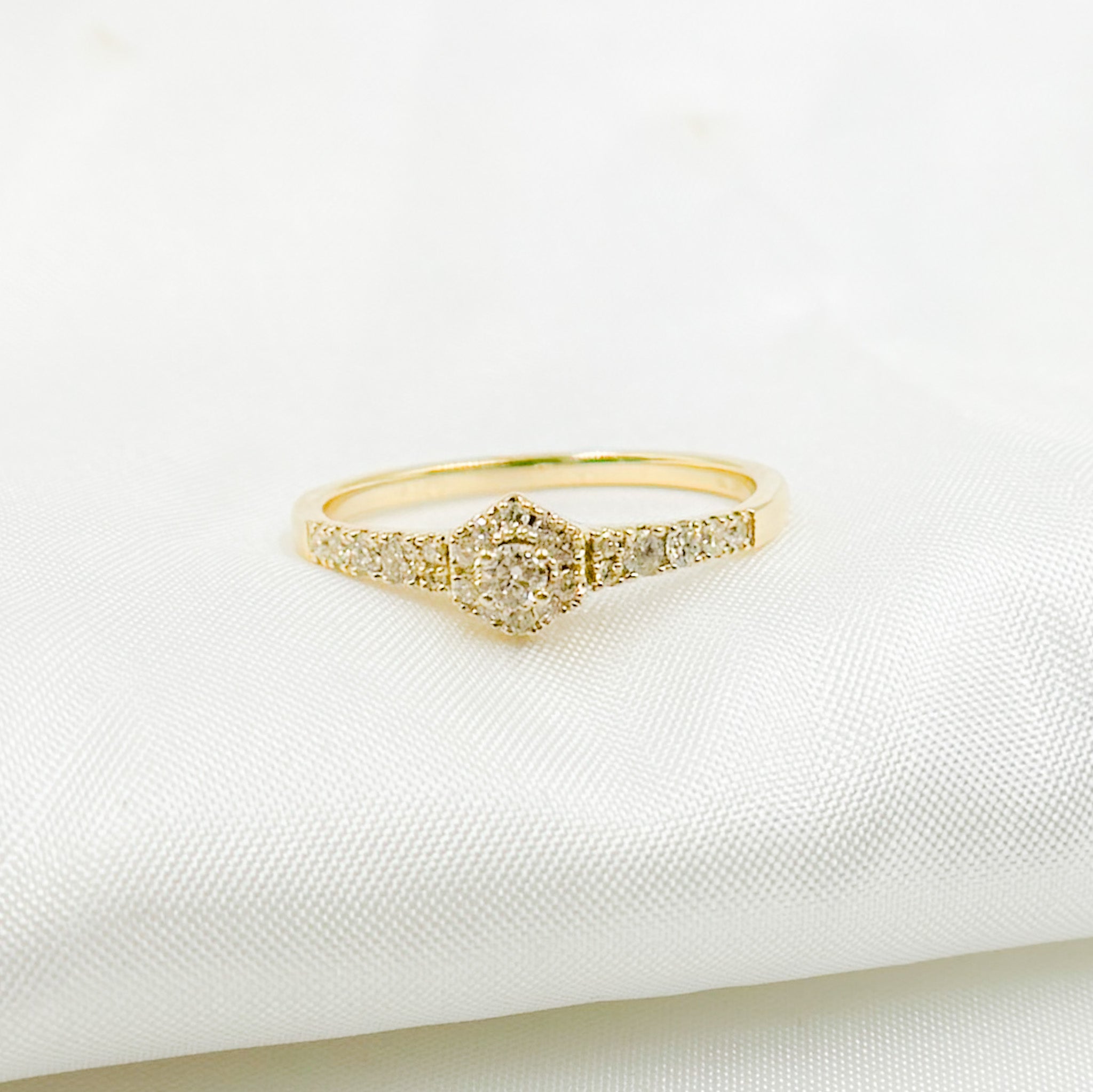 14K Solid Yellow Gold Diamond Hexagon Ring. RN412972