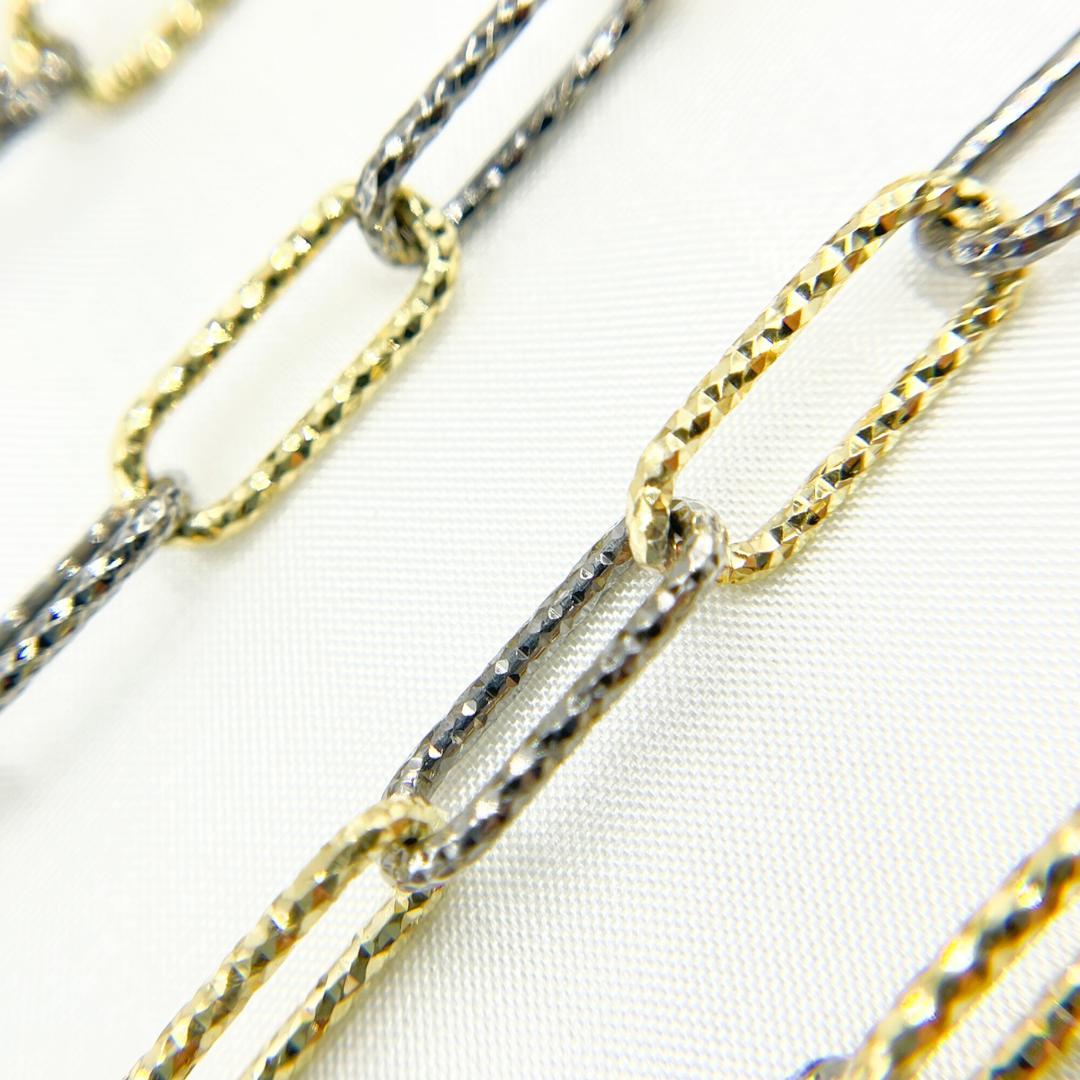 Black Rhodium & Gold Plated 925 Sterling Silver Diamond Cut Paperclip Chain. V10GB
