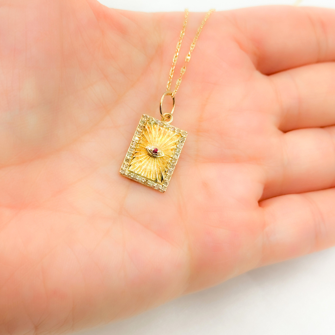 14K Solid Gold Diamond and Ruby Rectangular Evil Eye Charm. GDP557