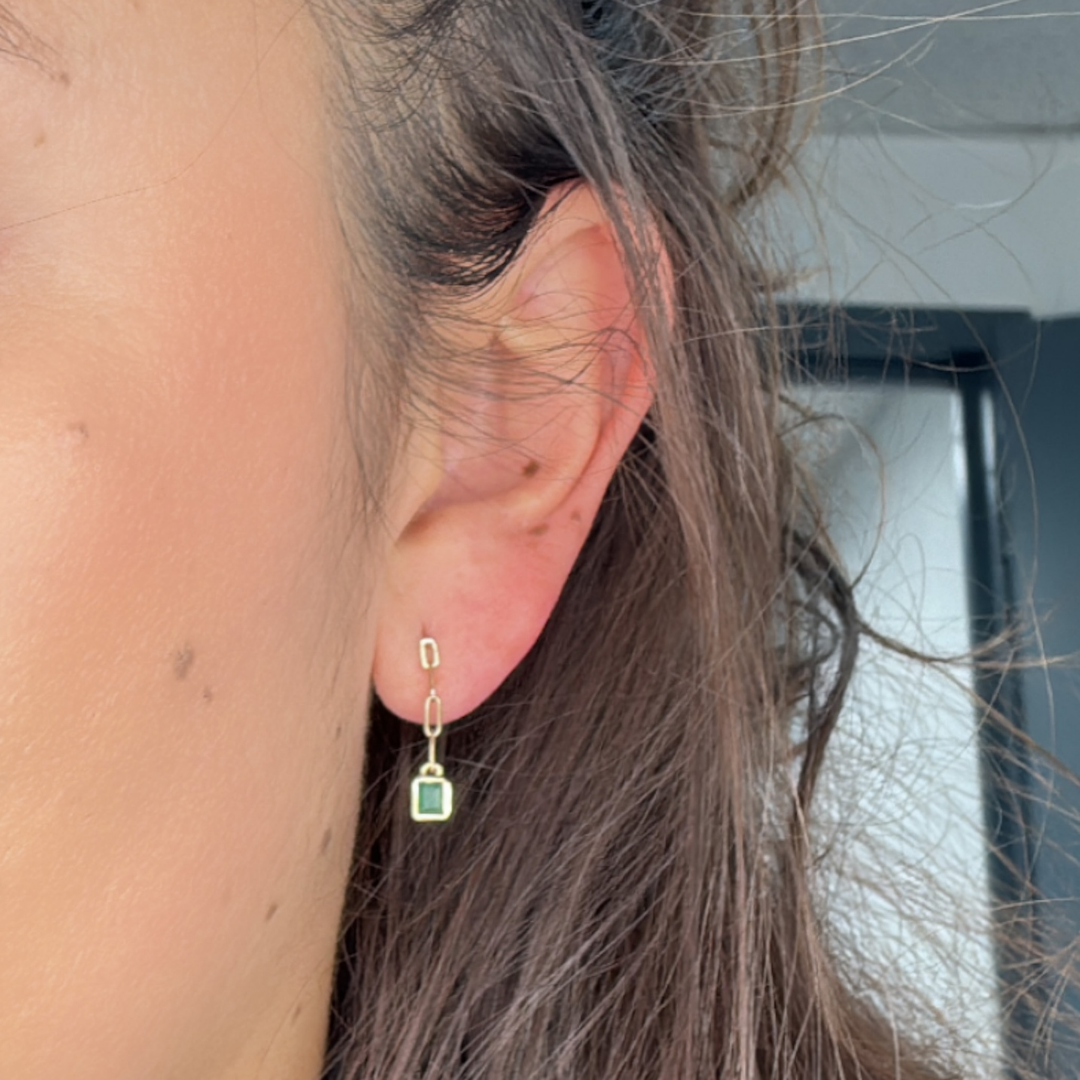 14k Solid Gold Emerald Paperclip Dangle Earrings. CE96327EM4X3