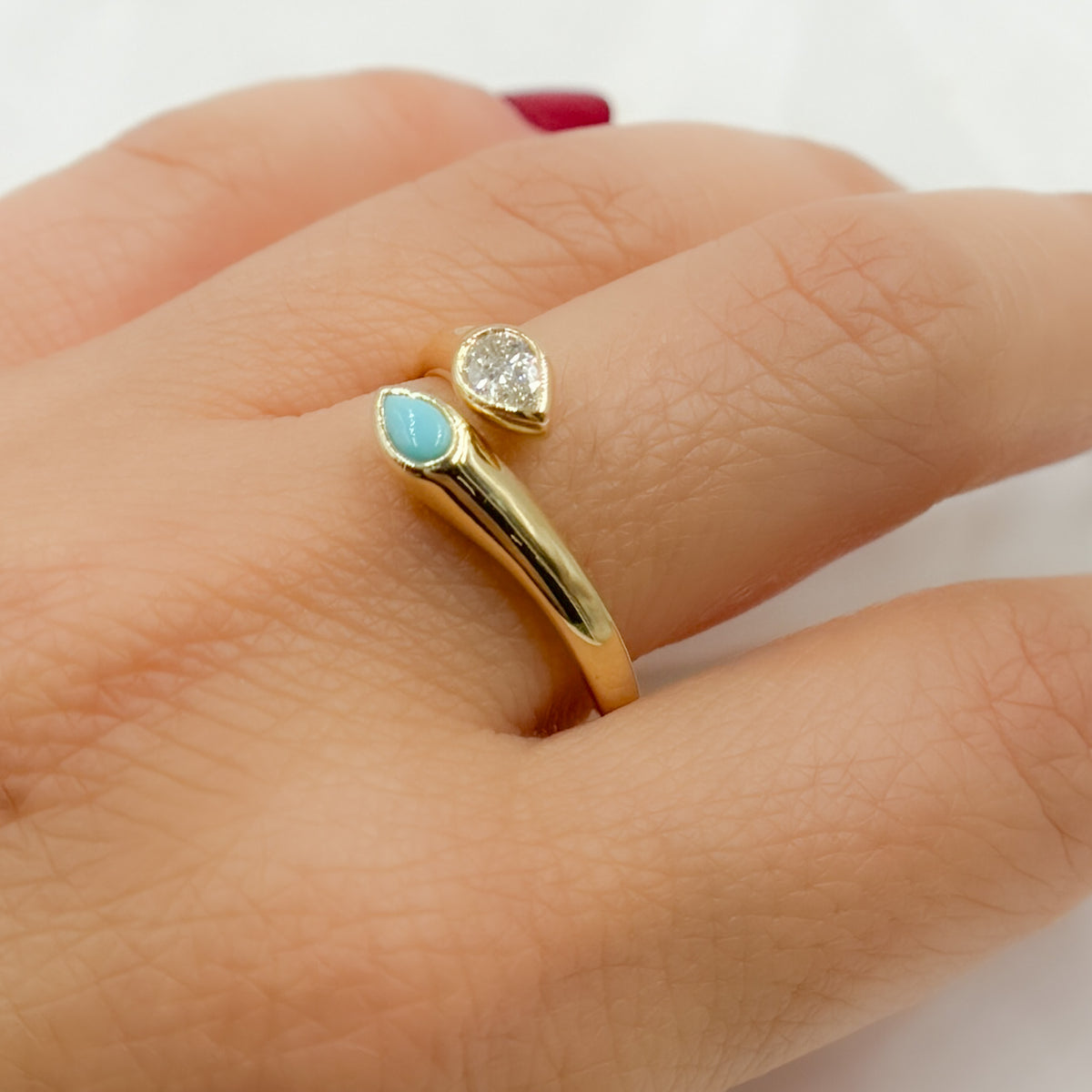 14k Solid Gold Turquoise and Diamond Drops Ring