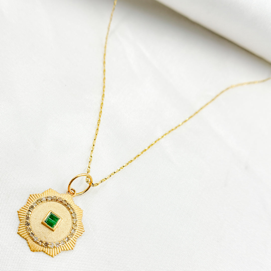 14K Solid Gold Emerald and Diamond Circle Charm. GDP657