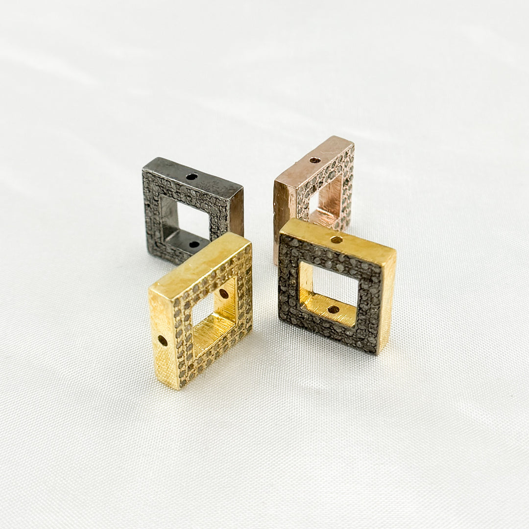 Pave Diamond & 925 Sterling Silver Black Rhodium, Two-Tone, Gold Plated and Rose Gold Square Bead. DC841