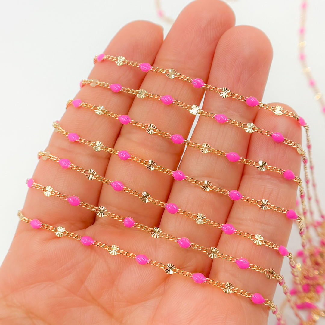 Gold Pink Color Enamel Marina Link Chain