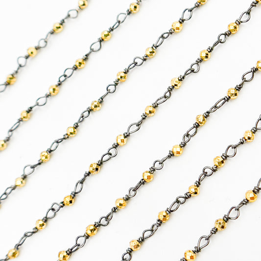 Black Rhodium Sterling Silver and Gold Pyrite Wire Wrapped Beads Chain