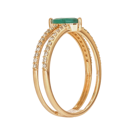 14K Solid Gold Diamond and Emerald Spiral Marquise Ring.