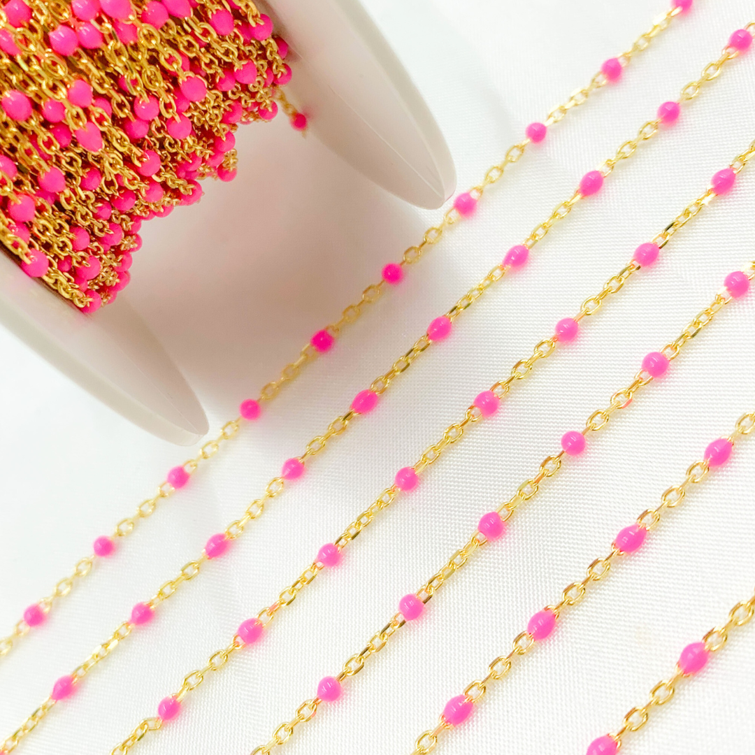 Gold Plated 925 Sterling Silver Enamel Pink Color Cable Chain. V203PKGP