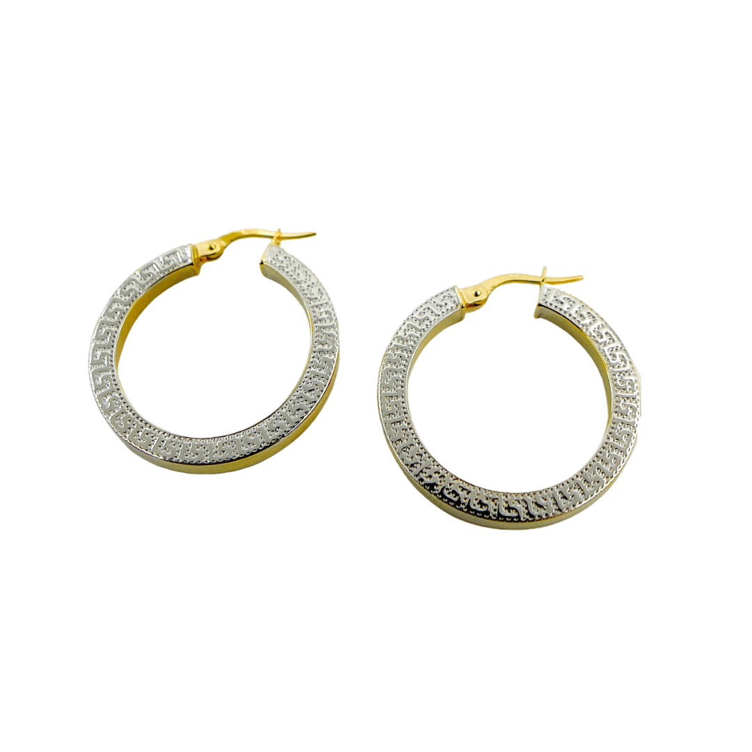 14K Gold and White Gold Earrings Round Shape Hoop with Texture. GER40