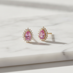 Load image into Gallery viewer, CE96380PS6X4. 14K Solid Gold Pink Sapphire and Diamond Drop Stud Earrings