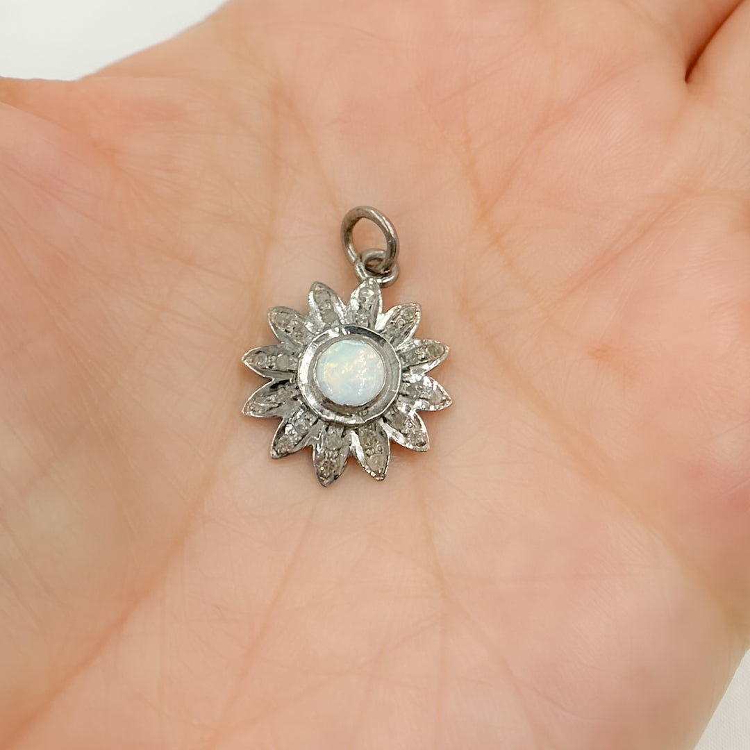 DC407. Diamond Sterling Silver Flower Pendant with Gemstone