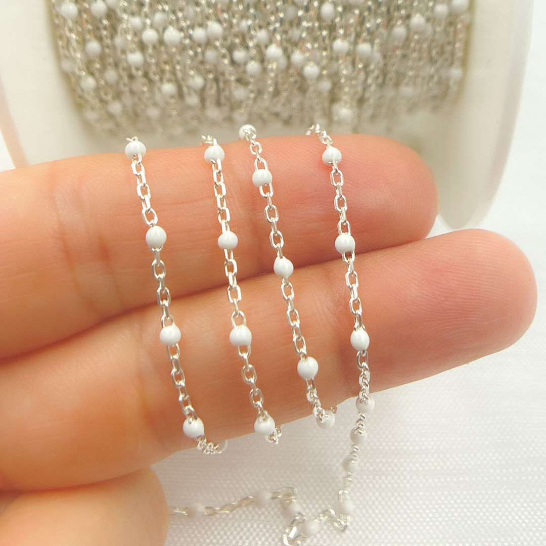 925 Sterling White Silver Enamel White Color Cable Chain. V203WTSS