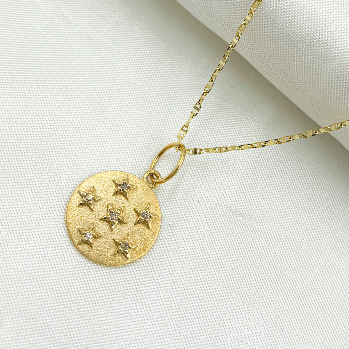 GDP537. 14K Solid Gold Circle Charm with Diamond Stars
