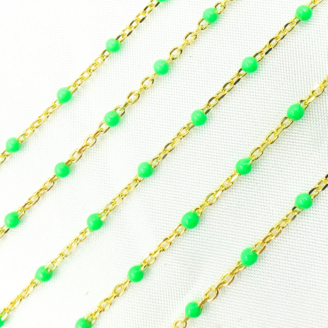 925 Sterling Silver Gold Plated Enamel Green Color Cable Chain. V203GRGP