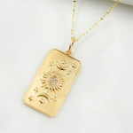 Load image into Gallery viewer, 14K Solid Gold Diamond Rectangular Charm with Sun, Moons and Stars. GDP132