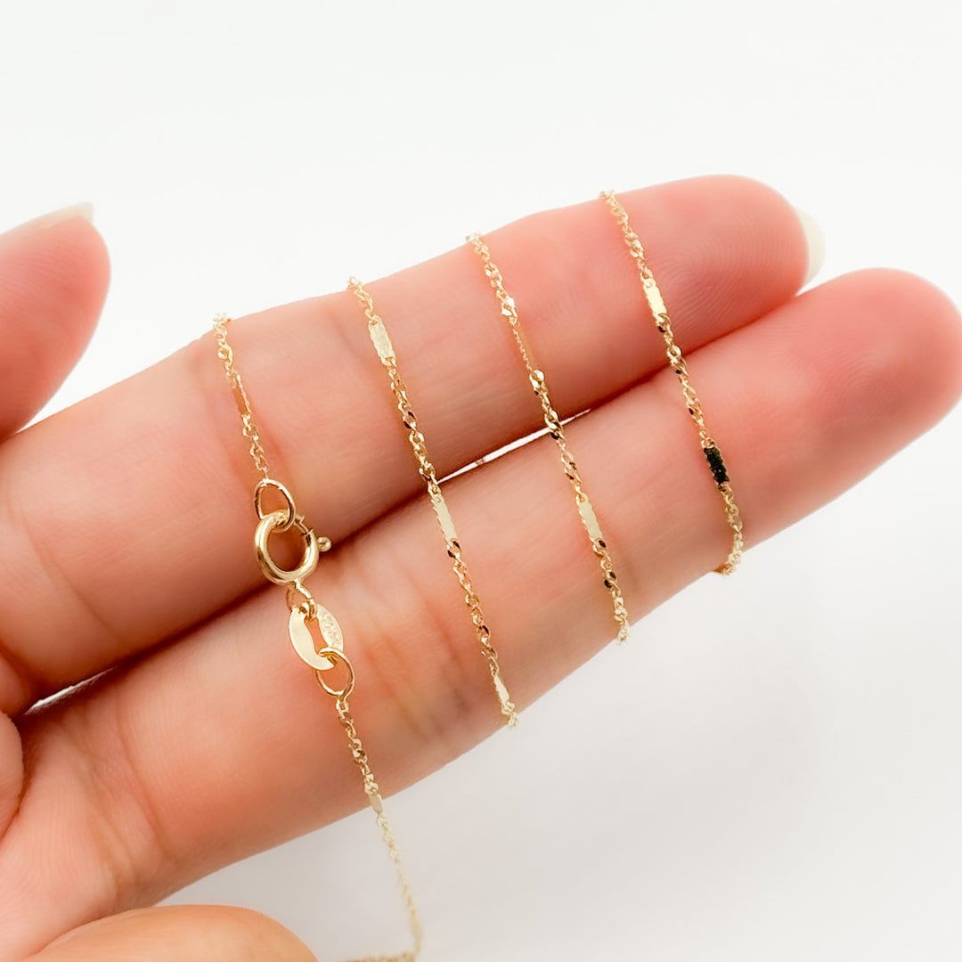 14K Yellow Solid Gold Flat Bar and Singapore Link Necklace
