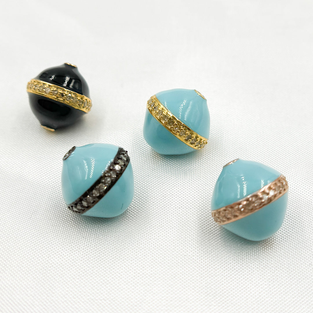 Pave Diamond & 925 Sterling Silver Black Rhodium, Gold Plated and Rose Gold Round Enamel Bead. DC722