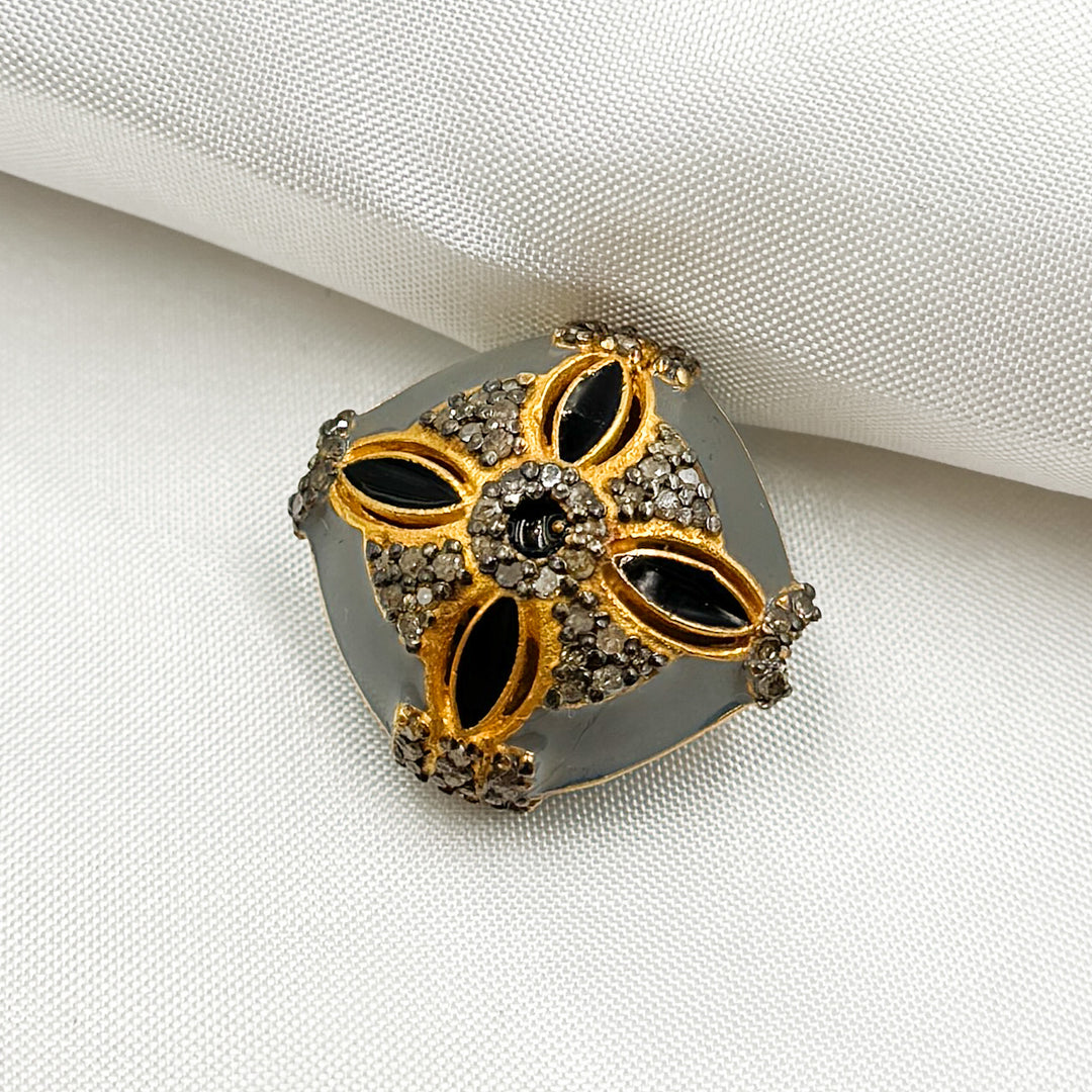 Pave Diamond & 925 Sterling Silver Black Rhodium, Two Tone, Gold Plated and Rose Gold Square Enamel Bead. DC420