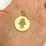 Load image into Gallery viewer, GDP32. 14K Solid Gold with Diamonds Circle Shape Charm with Hamsa Hand in the Center