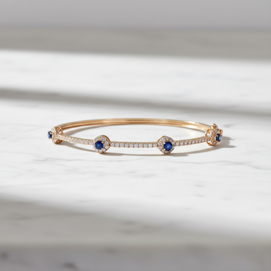 BNJ68672. 14K Solid Gold Diamond & Gemstone Bangle