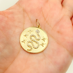 Load image into Gallery viewer, 14K Solid Gold Diamond Circle Charm with Snake and Stars in the Center. GDP163