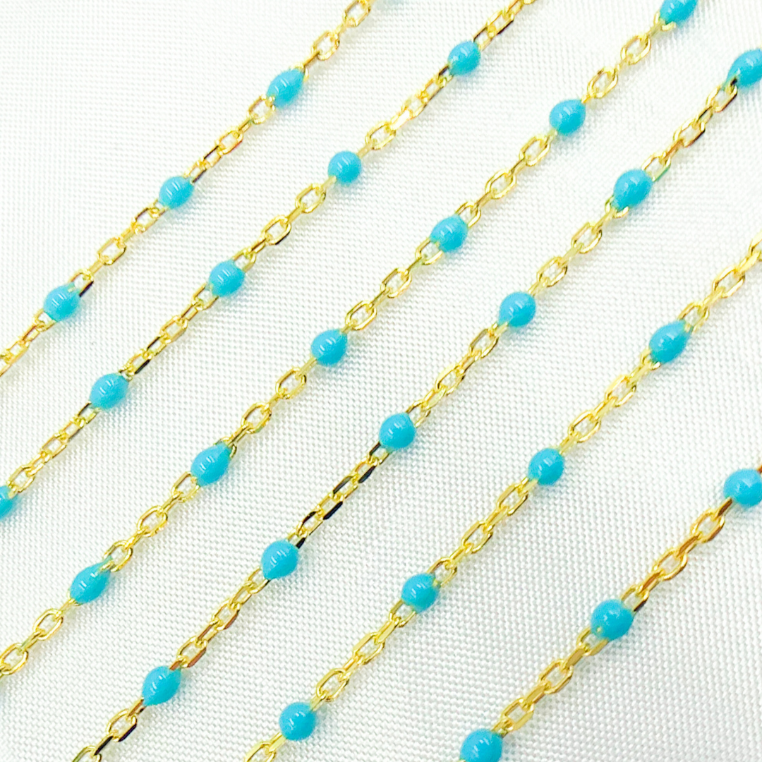 Gold Plated Sterling Silver Enamel Turquoise Color Cable Chains
