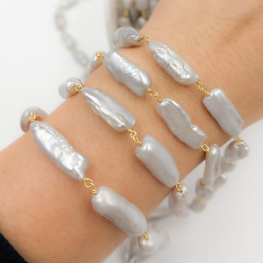 Gold Plated Wire Biwa Freshwater Grey Pearl Chain