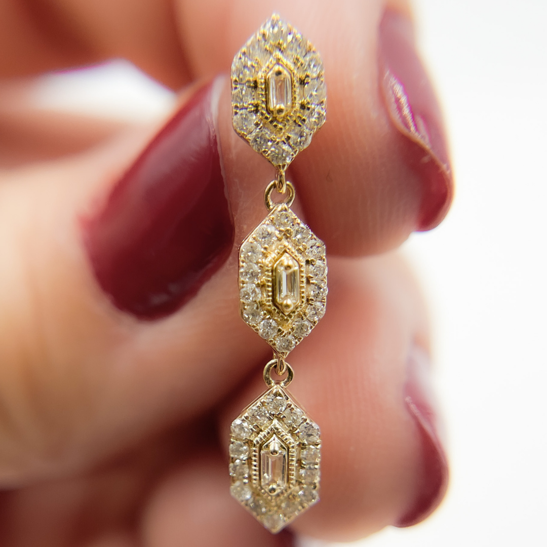 14K Solid Gold and Diamonds 3 Hexagons Dangle Earrings. EFH52033