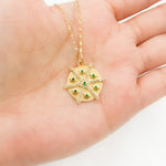 Load image into Gallery viewer, 14K Solid Gold Diamonds and Gemstones Circle Charm with Flowers between Arrows. GDP619