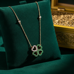 Load image into Gallery viewer, NFD72910EM. 14K Solid Gold 4 Heart Clover Diamond and Emerald Necklace