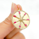 Load image into Gallery viewer, 14K Solid Gold Diamonds Circle Charm with Lines and Gemstones. GDP567