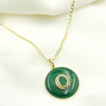 Load image into Gallery viewer, KG64. 14K Solid Gold with Diamonds Circle Shape with Malachite & Emerald Stone Charm