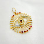 Load image into Gallery viewer, 14K Solid Gold Circle Evil Eye Pendant with Diamonds, Ruby and Blue Sapphire. GDP326